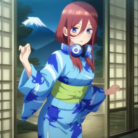 masterpiece, high quality, high res, absurd res, ultra high quality,
<lora:Miku_Nakano_Illustrious_v57:1>, M1kuNakan0_Illu, 1girl, (solo:1.2), brown-red_hair, hair_over_eye, long_hair, dark-blue_eyes, headphones, (triangle_logo:1.1), bangs, yukata, green_obi, cowboy shot, anime_screencap, standing, mount fuji,