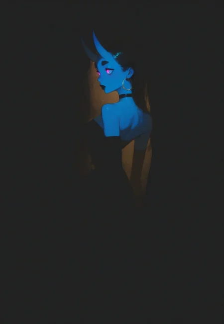 (Blend_in, black background), score_9, score_8_up, score_7_up, masterpiece, best quality, absurdres, vibrant, highly detailed, very aesthetic, sidelightning, mature, beautiful, stunning, 1girl, solo, Kuroni Black, colored skin, deep blue skin, Aka-Oni, oni girl, straight horns, black hair, long hair, pink eyes, glowing eyes, short thick eyebrows, (((adult))), thin gold hoop earrings, black satin choker band, (black lips:1.2), black evening dress, elbow gloves, black clothes, bare shoulders, looking to the side, head turned to the side, arms at sides