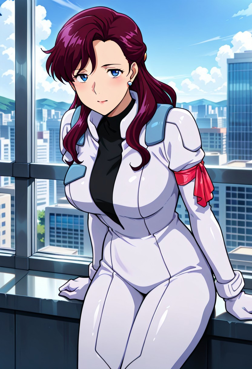((masterpiece, absurdres)), best quality, amazing quality, newest, 4k, anime coloring, very aesthetic, ray tracing, Smooth Quality, CG,city view,Junko, 1 mature female, purple hair, long hair, ear accessory, blue eyes ,pilotsuit, turtleneck t-shirt, arm ribbon