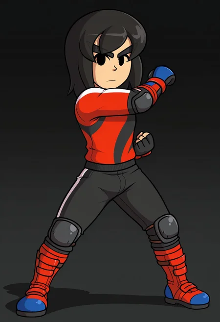score_9, score_8_up, score_7_up, masterpiece, best quality, amazing quality, Mii_Brawler, Mii, 1boy, solo, black hair, black eyes, no pupils, 2d_brawl, brawl_clothes, fighting stance, pose, animification
