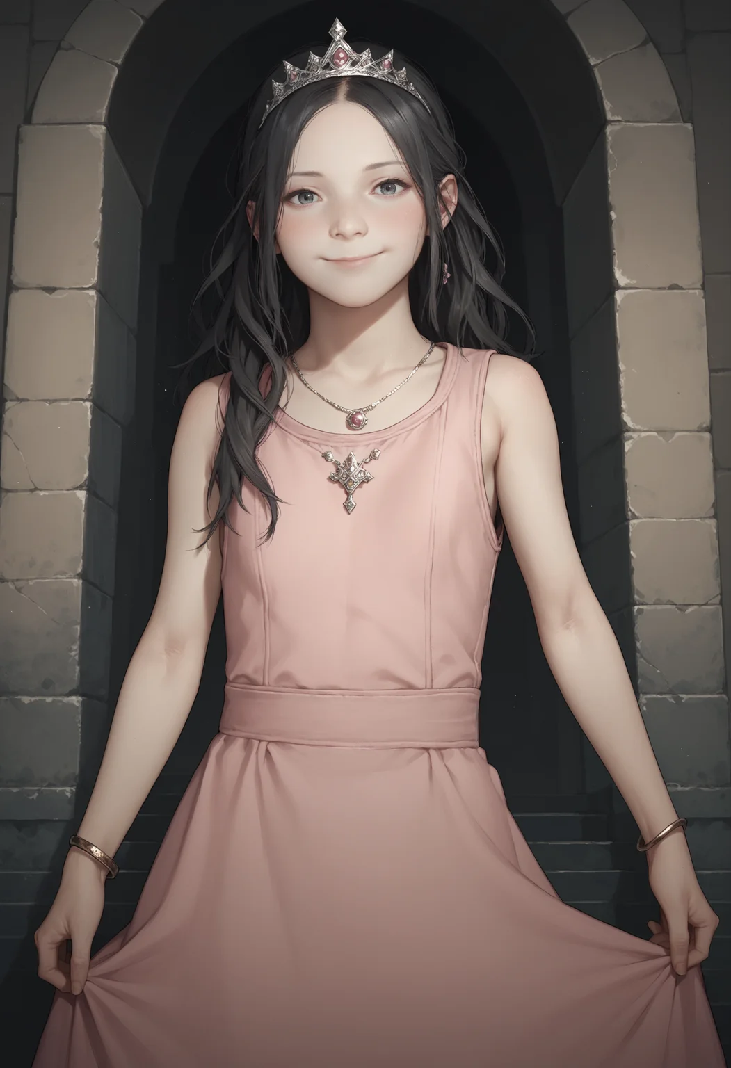 score_9, score_8_up, score_8, source_anime, 1girl, <lora:Eveline:0.7> solo, flat chest, white skin, pale skin, long hair, black hair, pink princess dress, tiara, jewelry, bracelet, sleeveless, smile, blush, standing, necklace, looking at viewer,
fantasy castle background,