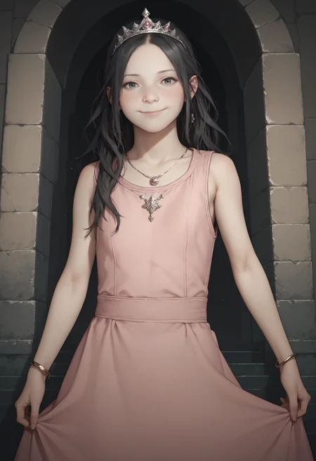 score_9, score_8_up, score_8, source_anime, 1girl, <lora:Eveline:0.7> solo, flat chest, white skin, pale skin, long hair, black hair, pink princess dress, tiara, jewelry, bracelet, sleeveless, smile, blush, standing, necklace, looking at viewer,
fantasy castle background,