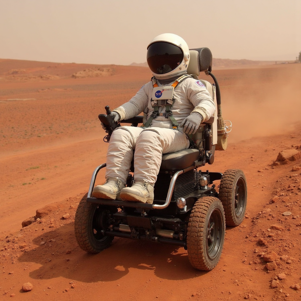 realistic photo of a astronaut riding in an off road wheelchair, on mars, red dirt, red planet, alien planet, nasa style, space and scifi,  ultra high quality, sharp focus, highly detailed,  <lora:Off_Road_Wheelchair_FLUX:1>,