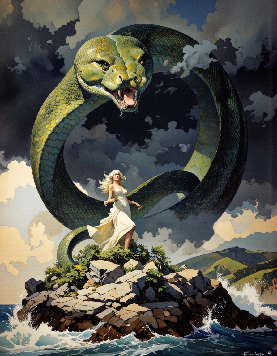 Art by Frank Frazetta. A dramatic and fantastical illustration from a far camera angle, depicting a woman standing on a rocky outcrop in the middle of a stormy ocean. the woman, who appears to be in her mid-twenties, is wearing a white dress and has long, flowing white hair. she is facing away from the viewer, with her arms outstretched, as if she is embracing the stormy sky. her expression is serene and determined. on the left side of the image, a large, menacing green snake is coiled around her, its scales glistening in the light. the snake's scales are a stark contrast to the woman's white dress, and its eyes seem to be looking directly at the viewer. the background is filled with dark, stormy clouds and rolling hills, adding to the dramatic atmosphere of the scene. the artist's signature is visible in the bottom right corner, adding a personal touch to the artwork.