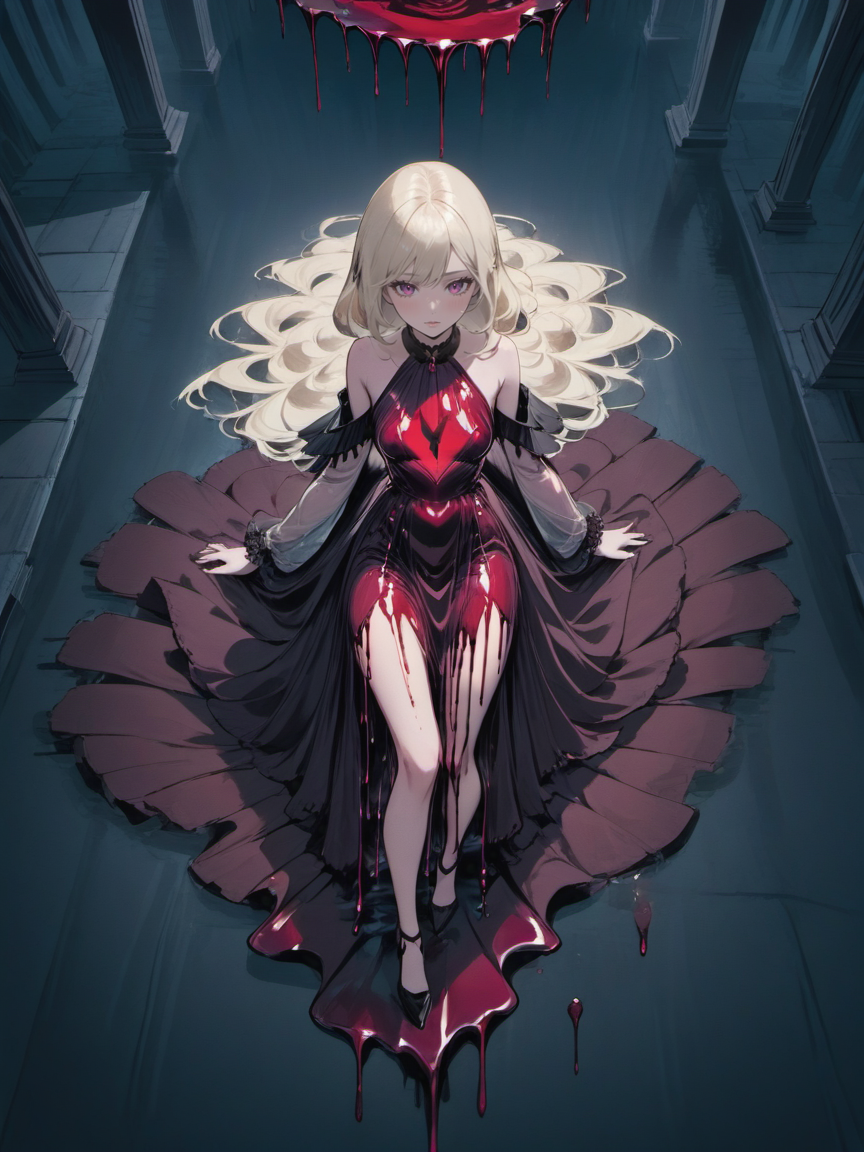 Gothic style a beautiful woman wearing a rose red (liquid dress) Prone in "Cyber Nexus", <lora:xl_liquid_dress-1.0:0.8>,
Bird's Eye View, from front, [full body],
depressed,
Fringe,
Platinum Blonde hair, . Dark, mysterious, haunting, dramatic, ornate, detailed
