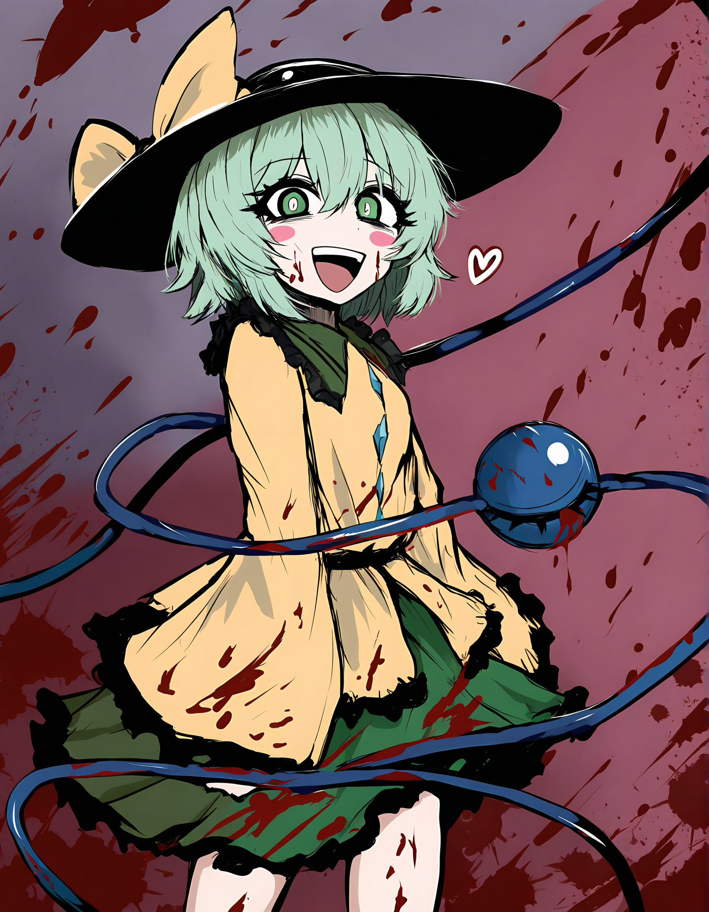 sushi yuusha toro, 1girl, komeiji koishi, hat, heart, blood, green eyes, sensitive, solo, green hair, skirt, open mouth, blush stickers, smile, third eye, blood on face, shirt, ribbon, wide sleeves, long sleeves, short hair, green skirt, yellow shirt, hat ribbon, blood on clothes, looking at viewer, eyeball, blood splatter, frills
very awa, masterpiece, best quality, year 2024, newest, highres, absurdres, <lora:black-souls-style-noobai-10-vpred:1>
