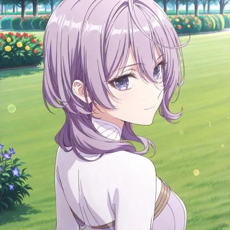score_9, score_8_up, score_7_up, dynamic view, eye_focus, solo, looking_at_viewer, 1girl,
masterpiece, best quality, bokeh, luminescent background,
( philiaa denauer, purple hair, ahoge, long hair, blunt bangs, hair over shoulder, hair betveen eyes, purple eyes, small breasts, closed mouth, serious face, dress, two-tone dress, purple dress, white dress, sidelocks, long sleeves, white shoes,
),
solo, from behind, outdoors, garden, flower, red flower, blue flower, purple flower, yellow flower, looking back, smile