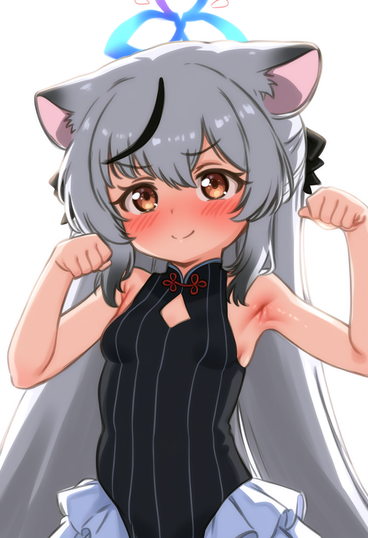 masterpiece, best quality, absurdres, uncensored, 
dramatic lighting, rim lights, backlighting, bloom, white background, 
BREAK
kokona \(blue archive\), 1girl, solo, tiger girl, tiger ears, 
streaked hair, multicolored hair, very long hair, grey hair, black hair, hair between eyes, 
blue halo, blush, light smile, 
chinese clothes, china dress, black dress, sleeveless dress, white skirt, miniskirt, 
looking at viewer, upper body, straight-on, close-up, paw pose, armpits, hands up, 
<lora:Basuke-P3v1-NbVp10:1>,