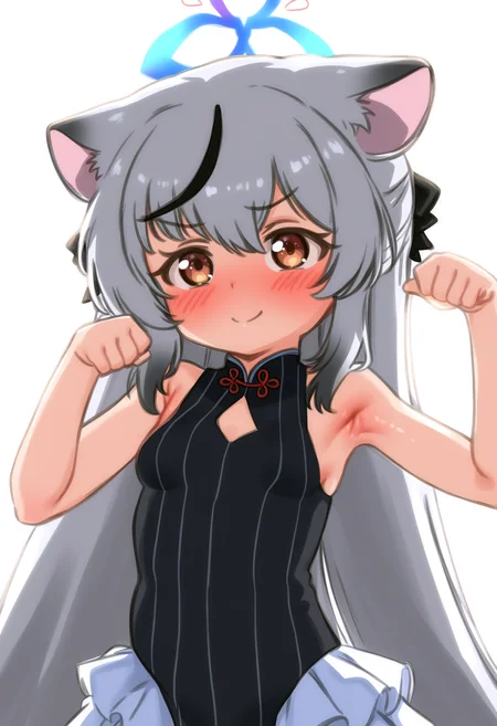 masterpiece, best quality, absurdres, uncensored,
dramatic lighting, rim lights, backlighting, bloom, white background,
BREAK
kokona \(blue archive\), 1girl, solo, tiger girl, tiger ears,
streaked hair, multicolored hair, very long hair, grey hair, black hair, hair between eyes,
blue halo, blush, light smile,
chinese clothes, china dress, black dress, sleeveless dress, white skirt, miniskirt,
looking at viewer, upper body, straight-on, close-up, paw pose, armpits, hands up,
<lora:Basuke-P3v1-NbVp10:1>,