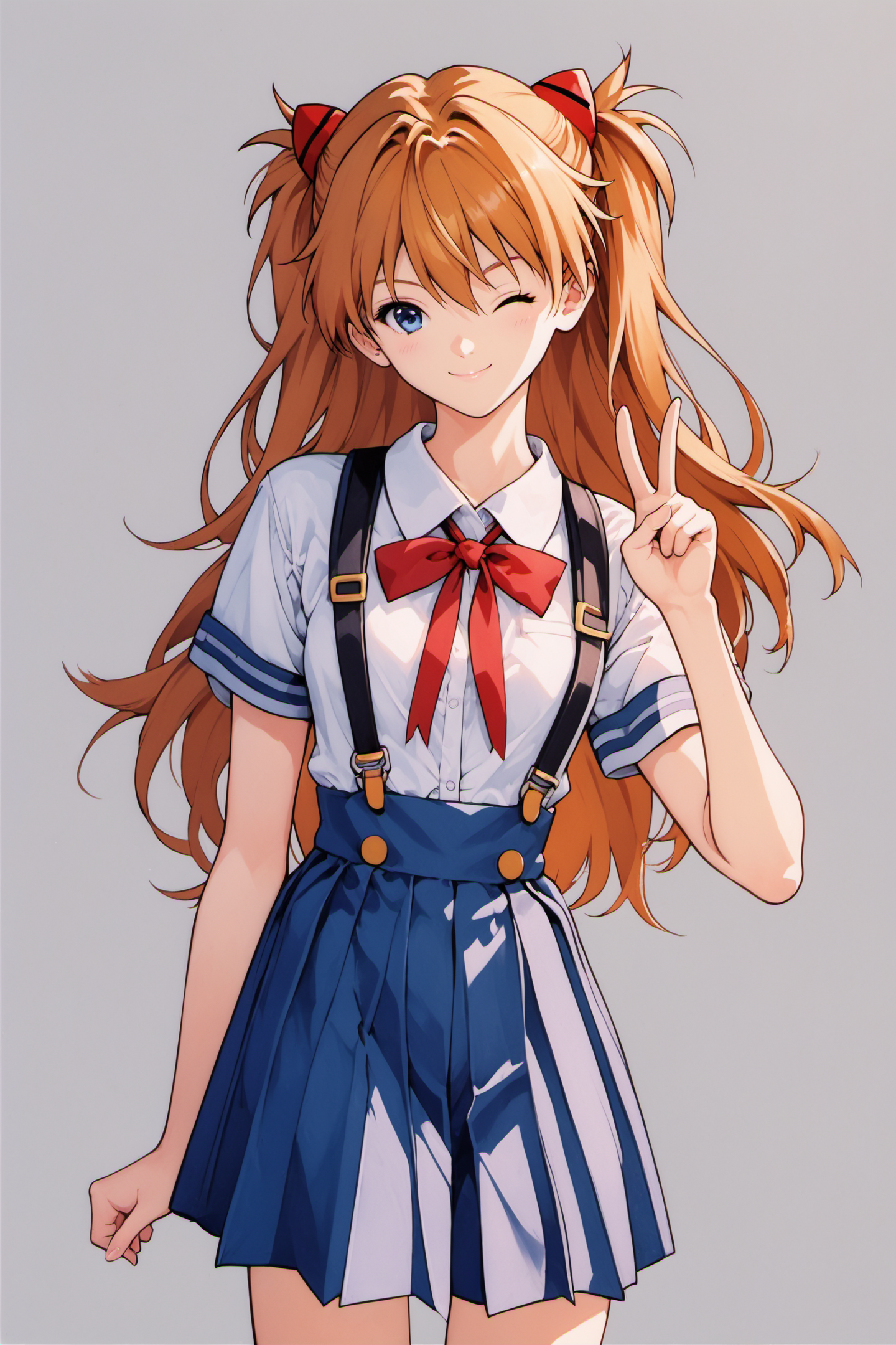 1girl,souryuu asuka langley,solo,long hair,school uniform,blue eyes,smile,white background,ribbon,shirt,simple background,v,one eye closed,orange hair,short sleeves,skirt,red ribbon,neck ribbon,white shirt,bangs,hair between eyes,looking at viewer,tokyo-3 middle school uniform,signature,closed mouth,two side up,hair ornament,suspender skirt,interface headset,suspenders,traditional media,cowboy shot,blue skirt,score_9,score_8_up,<lora:Katsura Masakazu_XL_PONY:0.9>,
