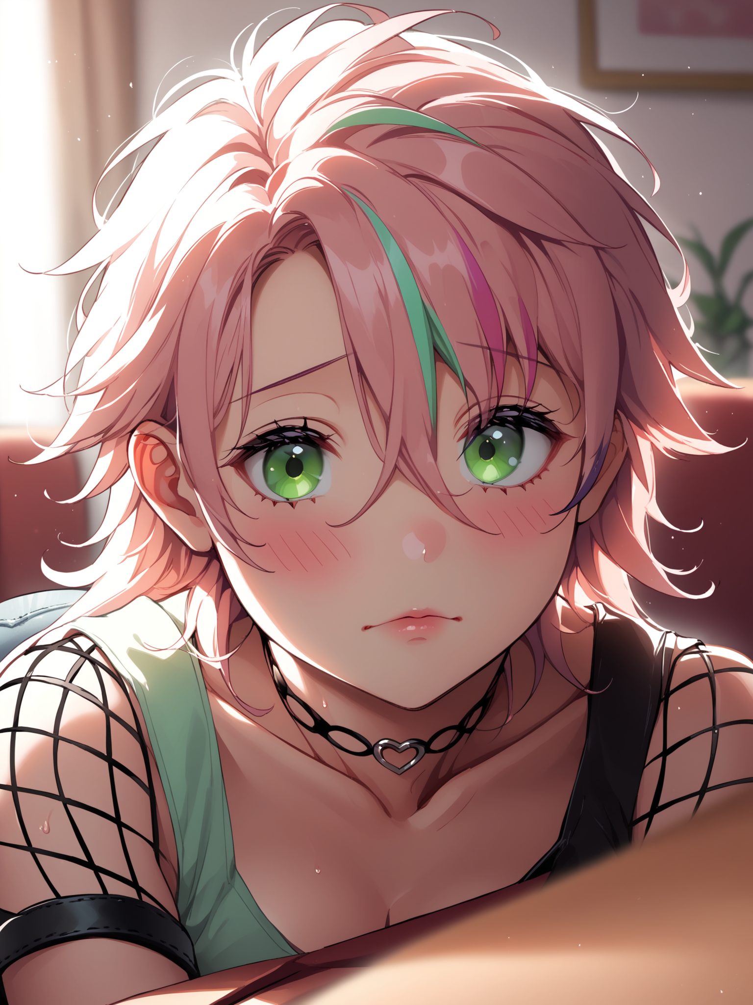 <lora:happy_tentacle-giupurin-v0.3-000010:0.9>, ht_giupurin, pink hair, green eyes, streaked hair, choker, tank top, fishnet top, short shorts, heart o-ring, o-ring thigh strap , upper body, 1girl, (petite:1.2), solo focus, shy, blush, (looking away:1.1), indoors , , (depth of field:0.8), (from below:0.8), [(realistic, photorealistic:1.2):(realistic:1.3):22], [(3d:1.2)::10], <lora:LUUNA's Lunas-NijiJourney-SDXL-B2:0.6>, nijijourney, <lora:prgfrg23's Counterfeit-V3.0 Style SDXL_LoRA_Pony Diffusion V6 XL:0.3> <lora:mfcg's mfcgXL:0.1> <lora:Shed_The_Skin's StS_age_slider_v1_initial_release:-1>, score_9, score_8_up, score_7_up, score_6_up, score_5_up, score_4_up,