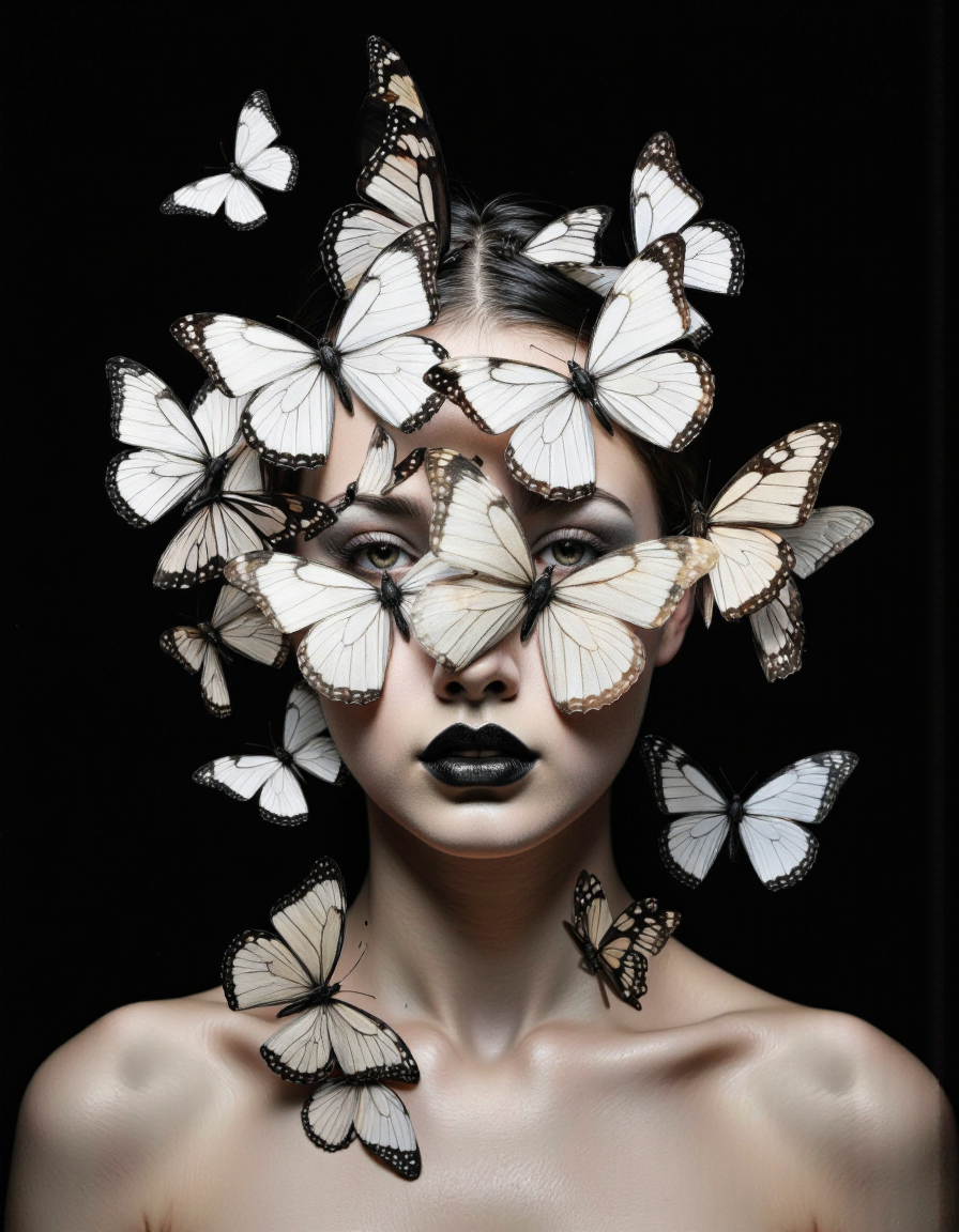 By Tom Nulens. A photo-realistic shoot from a frontal camera angle about a woman with a mysterious expression surrounded by white butterflies. the image also shows a dark, moody atmosphere. on the middle of the image, a woman appears to be in her mid-twenties, with a slim body and dark lipstick. she is facing the viewer, with her eyes looking directly at the viewer. her hair is styled in a way that frames her face, and her hair color is black. her face is covered by multiple white butterflies that are flying around her head, creating an ethereal and surreal atmosphere. the butterflies are of various sizes and colors, adding to the sense of depth and dimensionality in the image. the background is a solid black color, providing a stark contrast to the woman's pale skin. the overall effect is one of beauty and mystery, with the butterflies adding a touch of whimsy and enchantment. <lora:Tom_Nulens:0.8045440673828125>