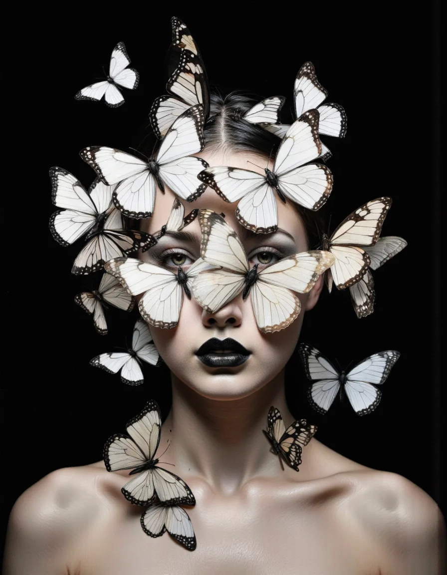 By Tom Nulens. A photo-realistic shoot from a frontal camera angle about a woman with a mysterious expression surrounded by white butterflies. the image also shows a dark, moody atmosphere. on the middle of the image, a woman appears to be in her mid-twenties, with a slim body and dark lipstick. she is facing the viewer, with her eyes looking directly at the viewer. her hair is styled in a way that frames her face, and her hair color is black. her face is covered by multiple white butterflies that are flying around her head, creating an ethereal and surreal atmosphere. the butterflies are of various sizes and colors, adding to the sense of depth and dimensionality in the image. the background is a solid black color, providing a stark contrast to the woman's pale skin. the overall effect is one of beauty and mystery, with the butterflies adding a touch of whimsy and enchantment. <lora:Tom_Nulens:0.8045440673828125>