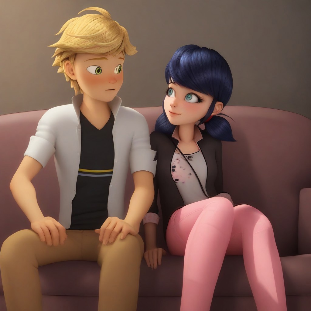 masterpiece, best quality, (1boy, adrien_a, blonde hair), break, (1girl, marinette_d, black hair, short twintails) sitting, sofa, cuddle, happy