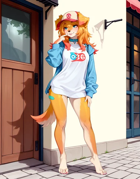 masterpiece, best quality, very aesthetic, absurdres,
outdoors,
barefoot, full body, standing, posing, 
seductive smile, parted lips, long eyelashes,
<lora:Blue_v01_NAIXL:1>
81u3,1girl,solo,furry,furry female,dog girl,dog ears,long hair,blonde hair,multicolored hair,orange hair,baseball cap,blue eyes,
snout,animal nose,collar,body fur,two-tone fur,dog tail,