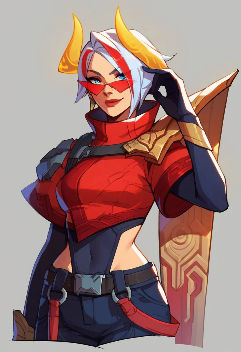 score_9, score_8_up, score_7_up, ultra detailed, 1girl, lbfiora, white hair, tinted eyewear, short hair,yellow glow horns,streaked hair, red hair, blue eyes, smile, pants, cropped jacket, gloves