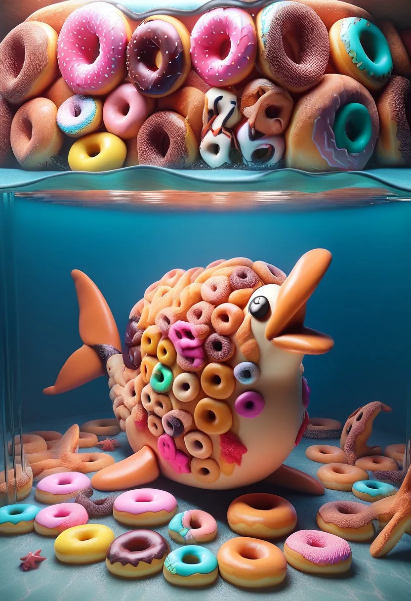 under water, deep dive, sunken city, fish, starfish, dolphin, diver, donuts, donuts everywhere, d0nu71f13d, made of doughnuts