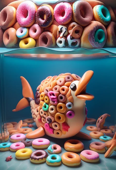 under water, deep dive, sunken city, fish, starfish, dolphin, diver, donuts, donuts everywhere, d0nu71f13d, made of doughnuts