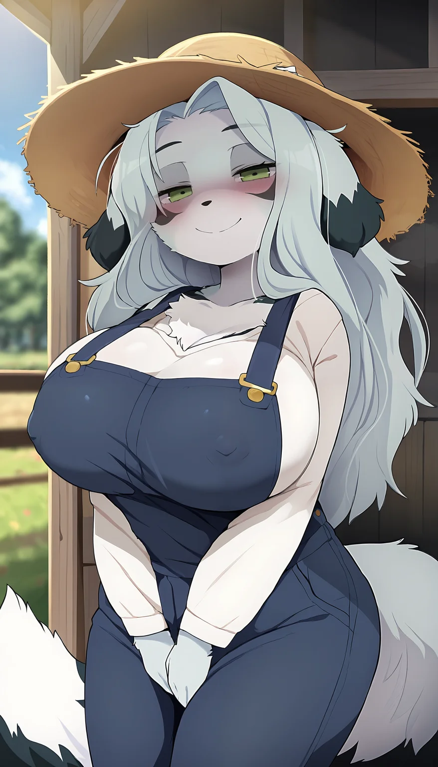 ((ultra-detailed)), ((best quality)), ((beautiful eyes)), ((extremely detailed)), 4K, (8K), best quality, (beautiful), Master piece, highres, best quality, official art, highres, masterpiece, newest,1girl, solo, dog girl, adult, huge breasts, long ears, fluffy tail, furry, grey skin, two-tone skin, white skin, body fur, long hair, fluffy body, green eyes, white hair, smile, closed mouth, half-closed eyes,standing, farm, outside, blue overalls, white shirt, long sleeves, straw hat, arms down, erotic pose, looking at viewer, covered nipples