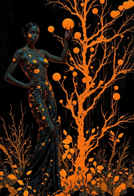 This image is a digital artwork featuring a dark-skinned woman standing amidst an ethereal, surreal landscape. The woman, with a slender, athletic physique has her hair styled in a sleek, modern updo. She is dressed in a flowing, black dress that clings to her form, adorned with glowing orange spots and lines that seem to be part of the surrounding environment. Her left hand rests on her hip while her right hand delicately holds a glowing orange, which matches the oranges that are scattered around her on the orange tree behind her.
The background is a deep, black void, accentuating the vibrant orange elements. The tree behind her is bare, with branches that twist and turn in an almost organic, almost mechanical manner. The branches and leaves are also infused with the same orange glow, creating a stark contrast against the dark backdrop. The ground is covered in similar glowing orange foliage, adding to the otherworldly atmosphere. The texture of the woman's dress appears smooth and slightly reflective, while the tree's bark has a rough, intricate texture. The overall composition is a blend of fantasy and surrealism, with a focus on the interplay of light and shadow.