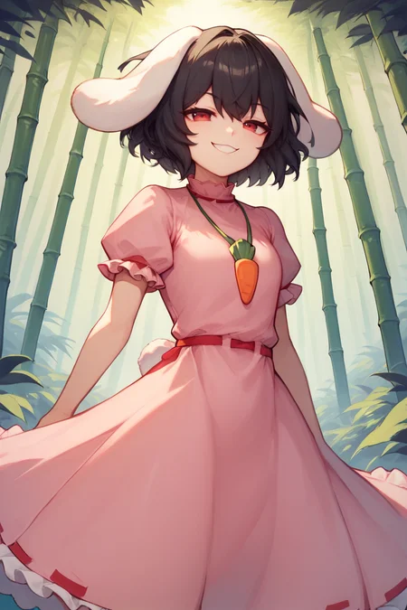 score_9, score_8_up, score_8, score_9, 1 girl, inaba tewi, pink dress, short hair, black hair, red eyes, rabbit ears, floppy ears, puffy sleeves, ribbon-trimmed sleeves, ribbon-trimmed dress, carrot necklace, <lora:inaba_tewi_pony-10:1>, red eyes, bamboo forest, cowboy shot, smug