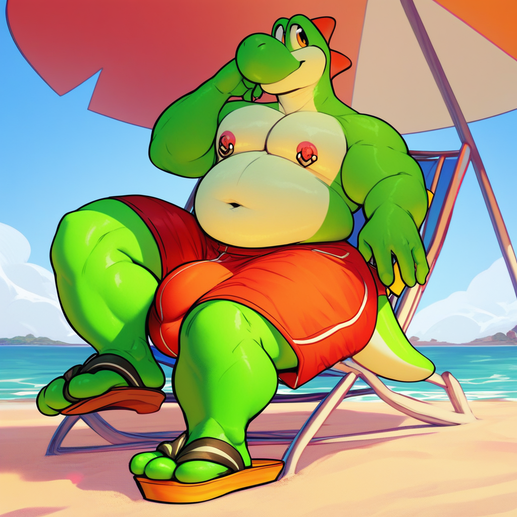 score_9, score_8_up, score_7_up, 2k, 4k, high res, 2d (artwork), Poppin, 1boy, solo, green skin, orange eyes, looking to the side, Yoshi, tail, furry, anthro, smiling, red swim trunks, topless, male swimwear, large hips, overweight male, beach sandals, fat, wide hips, large pectorals, nipple piercings, bottom heavy, thick thighs, massive bulge, beach background, sitting, sitting on beach chair, sitting under sun umbrella, side pov