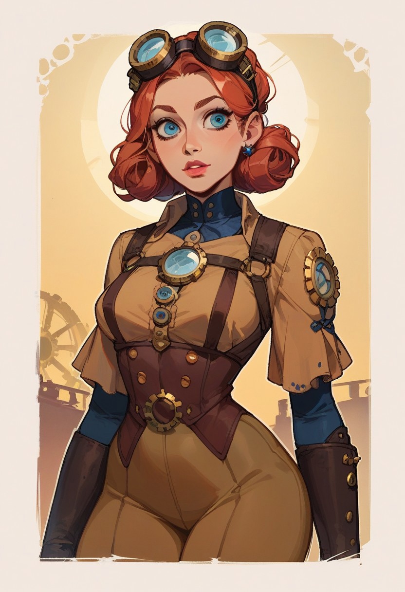 score_9, score_8_up,  score_9, score_8_up,     1woman, <mature face>, Steampunk engineer, <revealing outfit>, thin waist, narrow shoulders, wide hips , goggles on top of head,  simple shadows, flat coloring, flat shadows, thick lines, white outline,