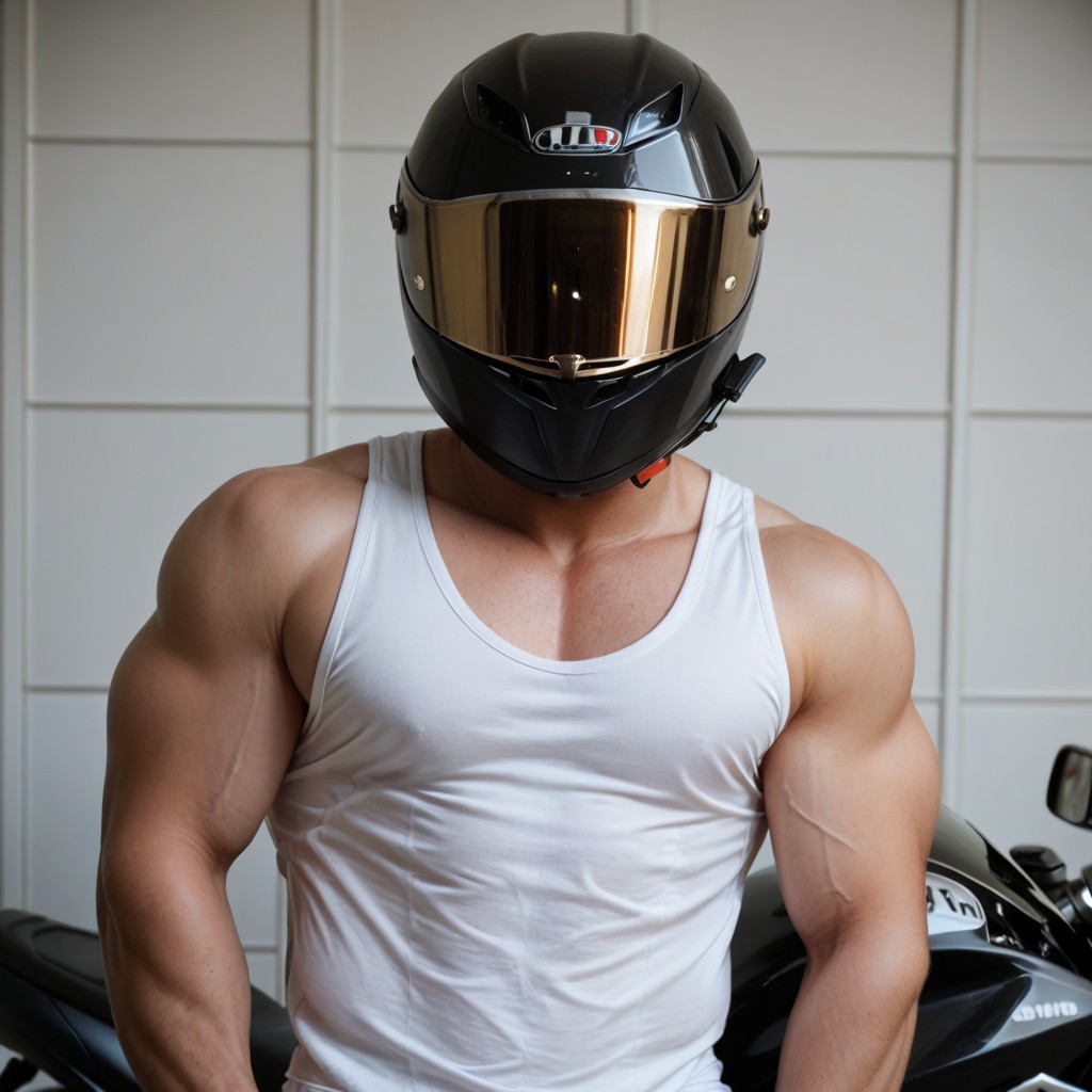 score_9, score_8_up, score_7_up, 1boy, muscular male, white tank top, standing, posing, black motorcycle helmet, masterpiece,