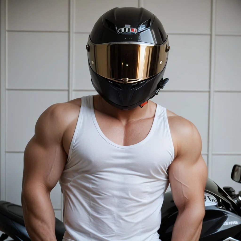 score_9, score_8_up, score_7_up, 1boy, muscular male, white tank top, standing, posing, black motorcycle helmet, masterpiece,