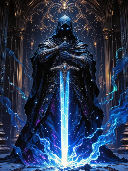 photorealistic masterwork digital painting, hyper-realistic, low-angle shot, from below, highly detailed, intricate, fractal, and iridescent, perfect hands, blade of cold blue fire, capturing the imposing figure of a towering, hooded lich clad in symmetrical ornate knight armor with a large billowing cape, his piercing two eyes glowing with bright blue fire, he holds a long, elegant, symmetrical flaming greatsword with both hands, one hand above the other, its thin blade forged from azure fire that emits an ominous, cold glow, the tip of the blade hits the gorund, causing a burst of magic blue fire, the scene is set in an ancient castle's shimmering opulent and luxurious marble grand hall, where magical vapors rise from the ground and swirl lazily throughout the room, dim, atmospheric lighting originates primarily from the glowing greatsword and the iridescent magical vapors, casting intricate shadows and enhancing the mysterious, otherworldly aura of the lich, the composition emphasizes dramatic scale and texture, with a focus on the interplay of light and shadow, intricate fractal details of the armor and marble, and an eerie spectral glow that illuminates every facet of the scene, wide crossguard, long grip, the color palette consists predominantly of night blue, black, gold, cyan, azure, aquamarine, and deep purple accents, frank frazetta, r3alisticf, ne0nfant4sy, midjourney_whisper_avant_couture
<lora:style-frank_frazetta-flux-by_artikuz_ai:0.4> 
<lora:style-mythic_fantasy-realistic-flux-by_velvets:0.96> 
<lora:style-neon_fantasy-flux-by_neowave:0.4> 
<lora:epic_gorgeous_details-balance-flux-by_flyway:0.4> 
<lora:midjourney_whisper_avant_couture-flux-by_aihonobono2023:0.4>