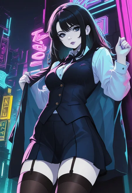 1girl, black hair, white shirt with buttons, jacket, vest, stockings, leaning against wall, CatGirlNeonStyle, pale skin, neon background, night, noir