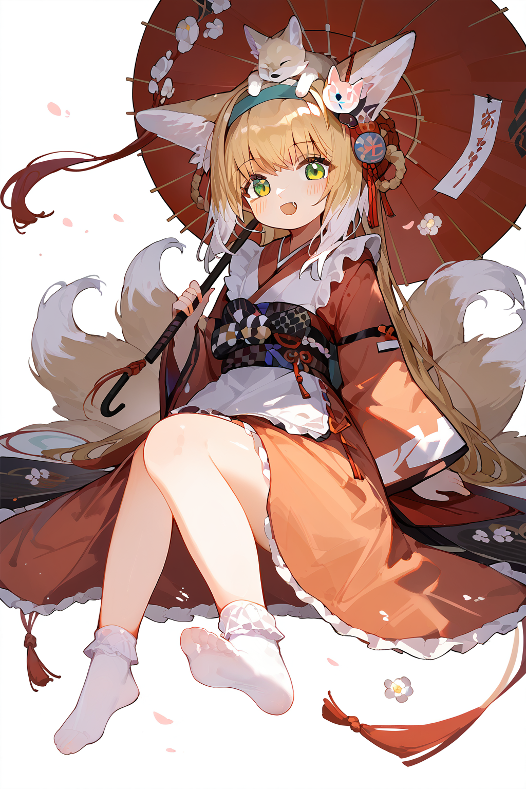 score_9,score_8_up,score_7_up,<lora:linlan(Arknights)-v1:1>,linlan(Arknights),1girl,japanese_clothes,bobby_socks,cute face,japanese aesthetic,incredibly absurdres,Cinematic Lighting,whole body,curvy,very beautiful,animal ears,blonde hair,umbrella,japanese clothes,tail,green eyes,fox tail,fox ears,kitsune,long hair,white background,kimono,fox girl,multiple tails,socks,oil-paper umbrella,looking at viewer,bangs,holding,simple background,solo,full body,animal ear fluff,on head,holding umbrella,hairband,smile,wide sleeves,frills,:d,apron,no shoes,multicolored hair,white socks,soles,animal on head,long sleeves,open mouth,hair ornament,red umbrella,sash,feet,very long hair,blush,white hair,blue hairband,fang,the_pose,