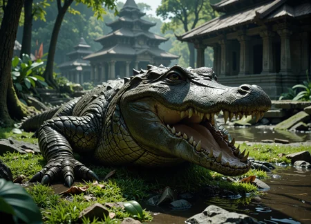 crocodile overgrowth overgrown with moss lying in a swamp, ancient temple in the background, Indiana Jones vibes, crocodile looking aggressively at the viewer, open mouth, showing teeth, ready to attack, masterpiece, award winning nature photography, Nikon D850, 80mm lense, macro, cinematic dramatic lighting, wide angle, (zoom out:1.2), total view, 8k, hdr, very detailed, very realistic, real photo, extremely detailed