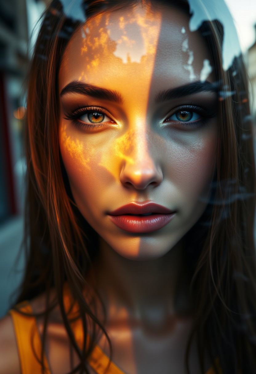 A face merging in with a cityscape, blend into a sunrise, urban, personal, detailed features, warm light, surreal, reflection, identity, journey, morning, buildings, glow, harmony, ethereal
 , aidmaMJ6.1, aidmafluxpro1.1, aidmaHyperrealism