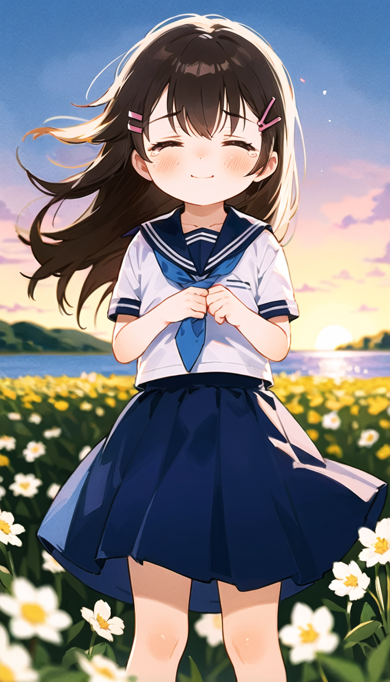 best quality,((masterpiece)),highly detailed,ultra-detailed,(illustration),(beautiful detailed eyes),
1girl,solo,outdoors,sea skyline,numerous flower(narcissu),sunset,wind lift,narcissu_petals,mid_shot,
gloom,closed eyes,tears,light smile,closed,
BREAK
<lora:SETSUMI-02:0.75>,setsumi_sakura,school uniform,red tie,hair ornament,white_serafuku,brown hair,blue sailor collar,brown eyes,skirt,long hair,hairclip,
BREAK
<lora:badanatomy_AutismMix_negative_LORA:-0.3>,