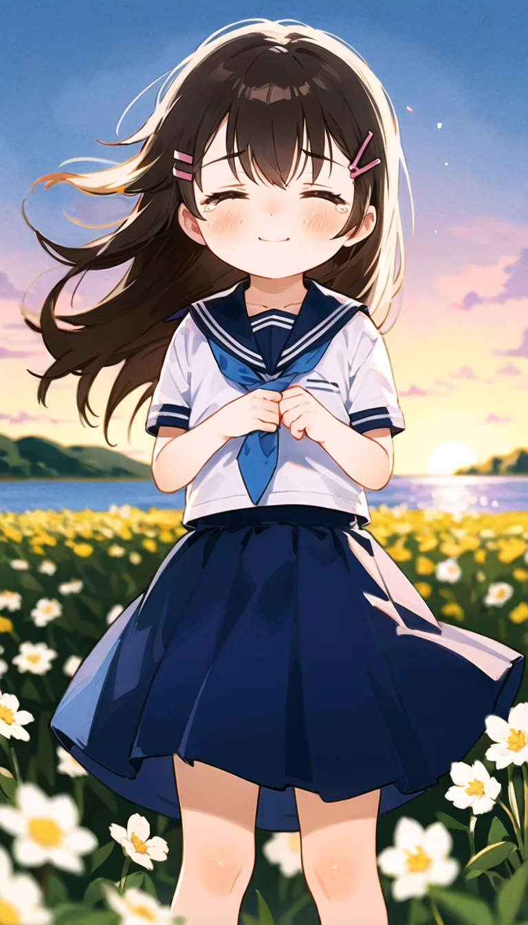 best quality,((masterpiece)),highly detailed,ultra-detailed,(illustration),(beautiful detailed eyes),
1girl,solo,outdoors,sea skyline,numerous flower(narcissu),sunset,wind lift,narcissu_petals,mid_shot,
gloom,closed eyes,tears,light smile,closed,
BREAK
<lora:SETSUMI-02:0.75>,setsumi_sakura,school uniform,red tie,hair ornament,white_serafuku,brown hair,blue sailor collar,brown eyes,skirt,long hair,hairclip,
BREAK
<lora:badanatomy_AutismMix_negative_LORA:-0.3>,