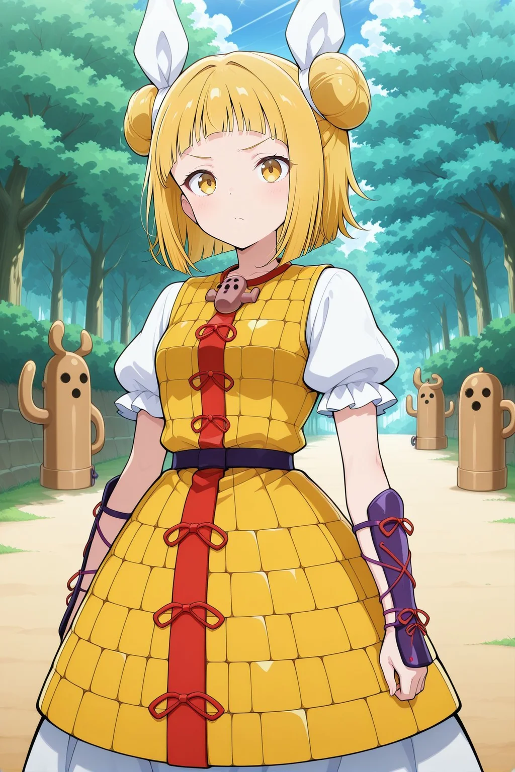 absurdres, highres, masterpiece, best quality, amazing quality, official anime artwork, screencap, anime screencap, outdoors, looking at viewer,
<lora:Mayumi-Joutouguu_Illustrious:1> joutouguu mayumi, 1girl, solo, yellow eyes, blonde hair, double bun, small breasts,, hair ribbon, white ribbon, haniwa (statue), necklace, yellow dress, armored dress, puffy short sleeves, white sleeves, purple vambraces,