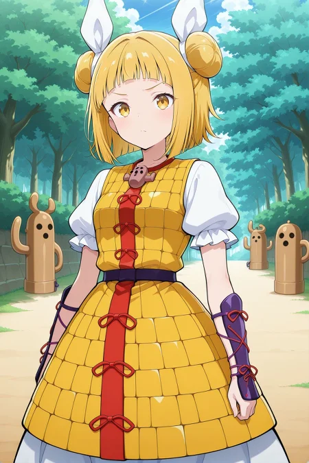 absurdres, highres, masterpiece, best quality, amazing quality, official anime artwork, screencap, anime screencap, outdoors, looking at viewer, 
 <lora:Mayumi-Joutouguu_Illustrious:1> joutouguu mayumi, 1girl, solo, yellow eyes, blonde hair, double bun, small breasts,, hair ribbon, white ribbon, haniwa (statue), necklace, yellow dress, armored dress, puffy short sleeves, white sleeves, purple vambraces,