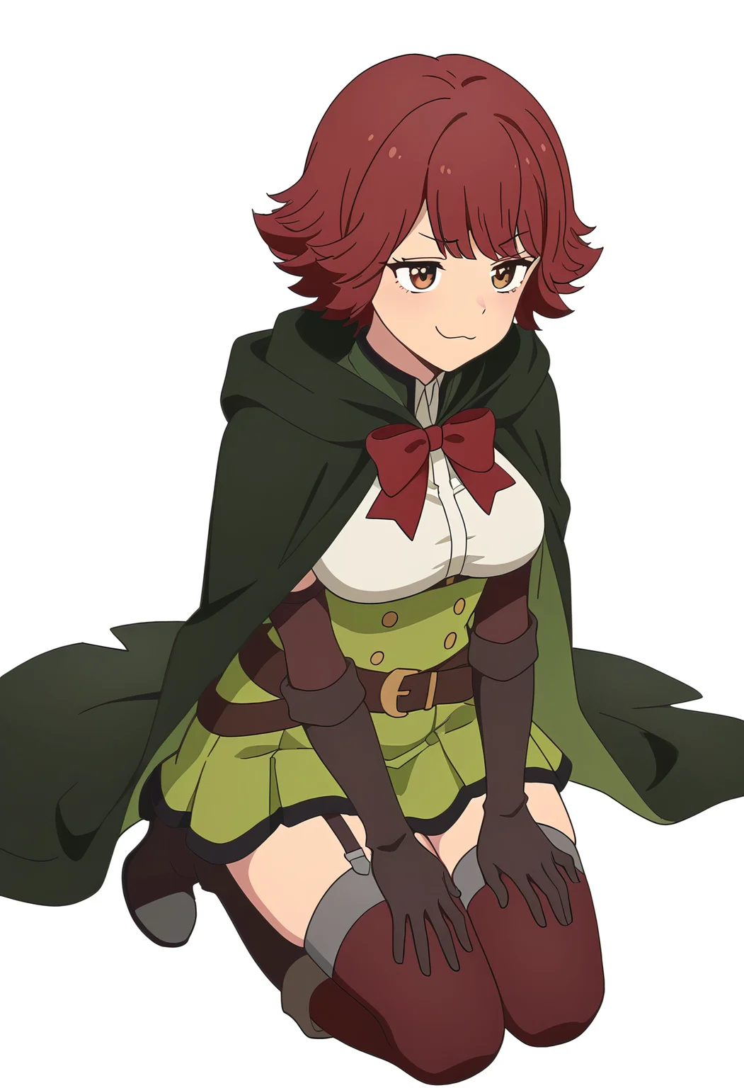 Smooth Quality,masterpiece,very intricate, high quality details, ultra realistic, high detailed skin,detailed enviorement,
simple background, white background, solo, 
,smug,kneeling, hands on thighs, head slightly tilted, neutral expression, focused gaze,  ,
 <lora:Byleri_Cinabrio:0.8> byleri/cnn, 1girl,short hair, brown hair, brown eyes, red hair, white shirt, green skirt, thighhighs, cloak, cape, belt, elbow gloves, garter straps,boots,red bowtie,