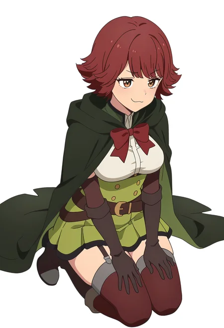 Smooth Quality,masterpiece,very intricate, high quality details, ultra realistic, high detailed skin,detailed enviorement,
simple background, white background, solo,
,smug,kneeling, hands on thighs, head slightly tilted, neutral expression, focused gaze, ,
<lora:Byleri_Cinabrio:0.8> byleri/cnn, 1girl,short hair, brown hair, brown eyes, red hair, white shirt, green skirt, thighhighs, cloak, cape, belt, elbow gloves, garter straps,boots,red bowtie,
