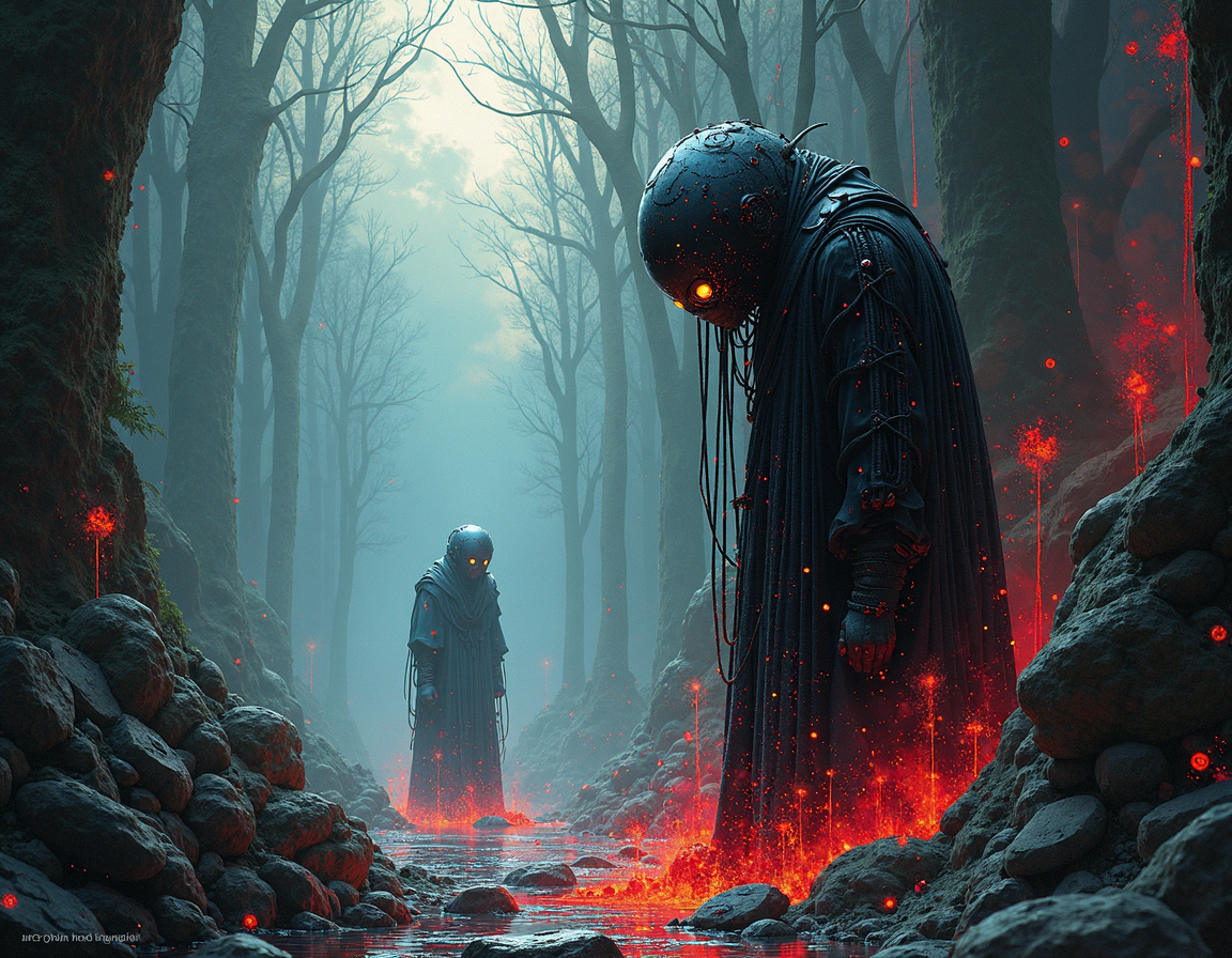 Vampiric art by Kanna Keene and Adolf Hirémy-Hirschl, painting, A cybernetic Patron of the Valiant with heads representing different AI archetypes battles a swarm of antivirus sprites in the depths of the Mosaic-Like web, Izanami streams form an Glacial Shard around the conflict, High contrast digital perfect composition, matrix-like environment, [Flossier|Cloth-covered] action shot, Varied Matter Gravitational Lensing, invisible mass bending Red into prismatic arcs Whitewashed pine, Awe-Inspiring linen, and aged iron, animation art, expressive brush strokes, whimsical, Hyperdetailed, Academic painting, Rounded subjects, Kenyan Neoclassicism, dramatic lighting