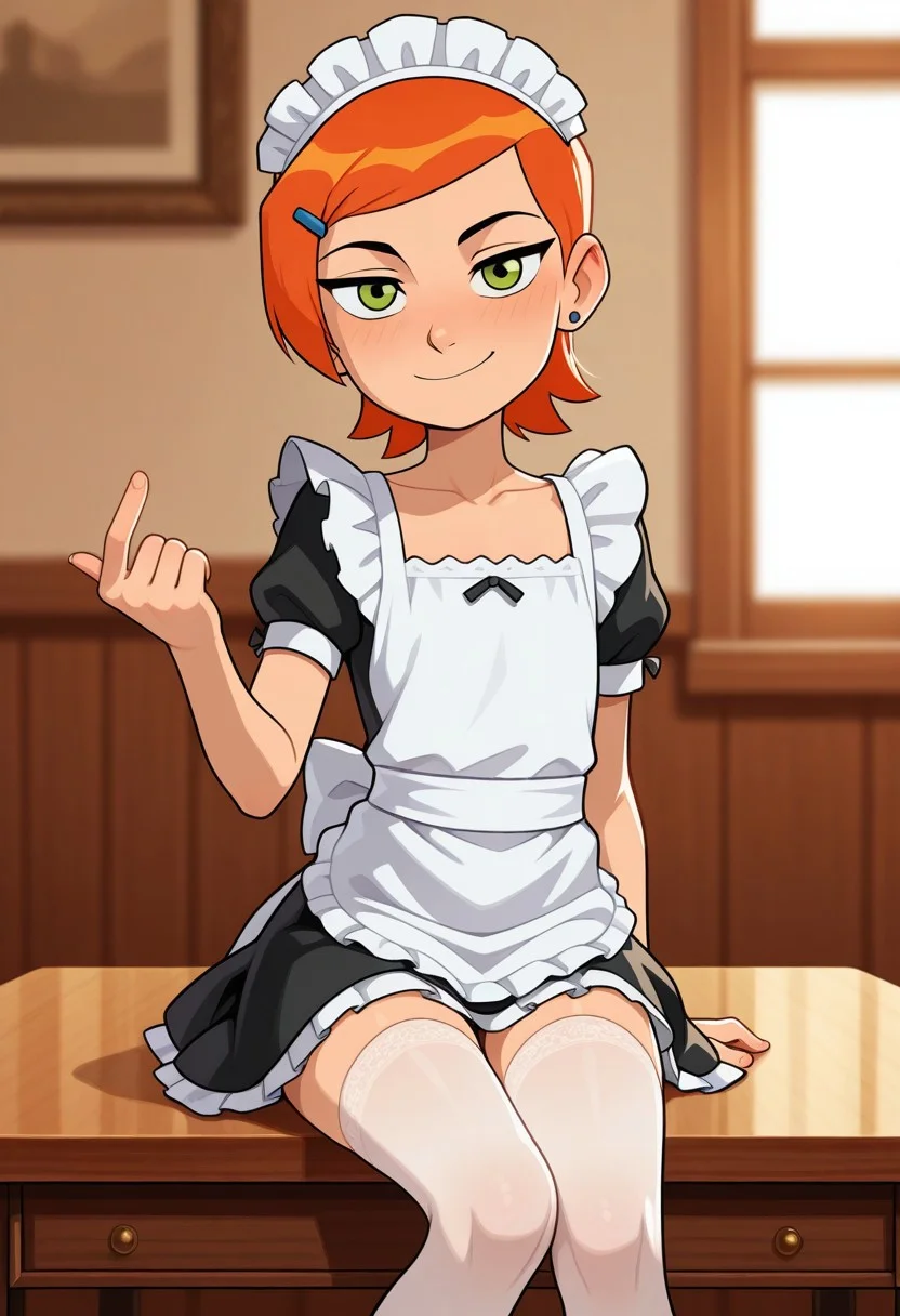 masterpiece,best quality,amazing quality,very aesthetic,high resolution,ultra-detailed,absurdres,newest,
Gwendolyn_Tennyson, calling viewer toward her, (beckoning finger), solo,maid, side smile, collarbone ,maid headdress,looking at viewer,apron,indoors,depth of field, sitting on table, legs, stockings, tracing finger on table
<lora:GwenTen-Illus-13:1>