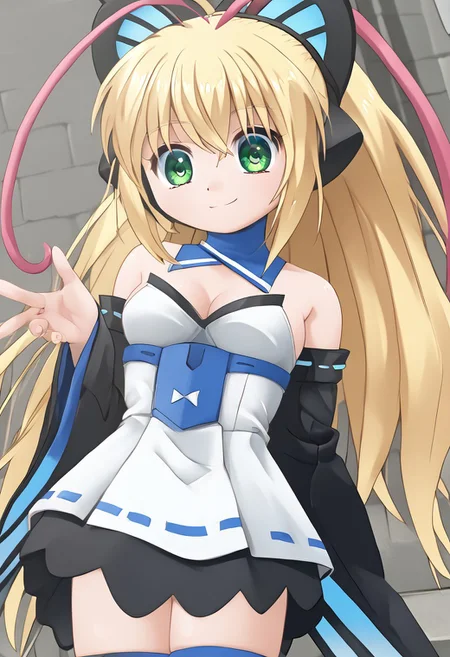 score_4,score_5,score_6,score_7_up,score_8_up,score_9
((masterpiece,best quality,ultra detailed,highres,HD,4k:1.2)),
1 cute girl,solo,
ct_lumen, blonde hair, long hair, green eyes, ponytail, butterfly hair ornament, antennae, medium breasts,
short dress, detached collar, detached sleeves, wide sleeves, white thigh boots,
Big eyes, big round eyes, round eyes,
smile,