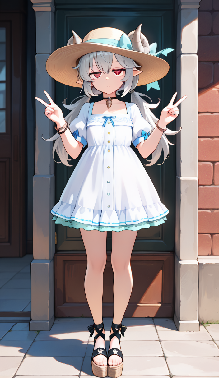 masterpiece, best quality,
KRGremoryBS, 1girl, solo,jitome,ringed eyes,sheep horns, white dress, sandals, pointy ears, platform footwear, red eyes, seashell choker, bracelet, puffy sleeves, blue ribbon,grey hair, sun hat, sundress, hat bow, blue bow, ribbon-trimmed skirt, layered skirt, horns through headwear, low twintails, standing,looking at viewer,double v