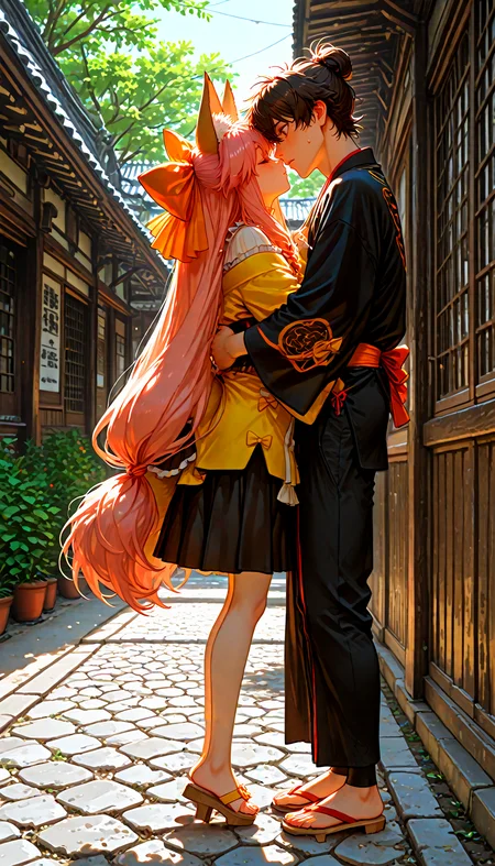 artist:wataru rei, tamamo aria \(fate\), miyamoto iori \(fate\), backyard, east asian architecture, masterpiece, best quality, amazing quality, very aesthetic, absurdres, newest,

fate/samurai remnant,

day, view from side, geta, girl hugs boy, full body, boy is surprised, girl is closed eyes,