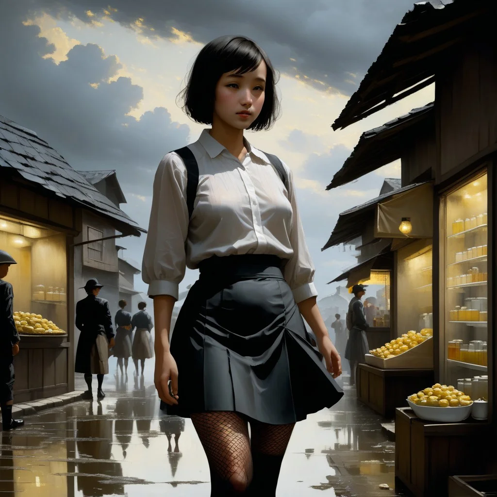 <lora:SDXL_MassiveCowsLoRA_v2E2:1> , (((classical oil painting))), ((Candid))), (((side view of short pretty Japanese girl standing provocatively outside tea-shop in crowded village))), (leaning), (faded loose summer-top), (tiny skirt), ((black fishnet tights)), ((very-short hair)), ((gelasin)), (dramatic sky), puddles, pimps, soldiers, Intricate textures, (high detailed skin:1.7),