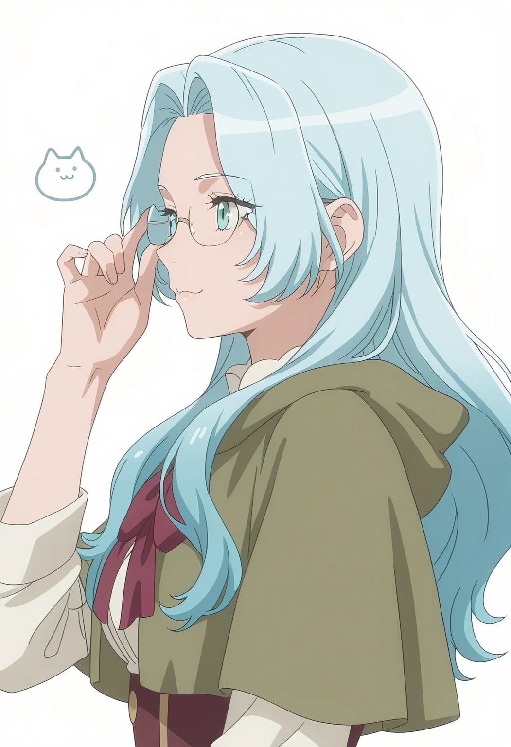 Smooth Quality,masterpiece, ultra realistic,
simple background, white background,
from side,:3,Adjusting eyewear,
<lora:EvaLuria:0.8> Eva/Cnn, Sist2/Cnn, 1girl, glasses, long hair, blue hair,green capelet,glasses,