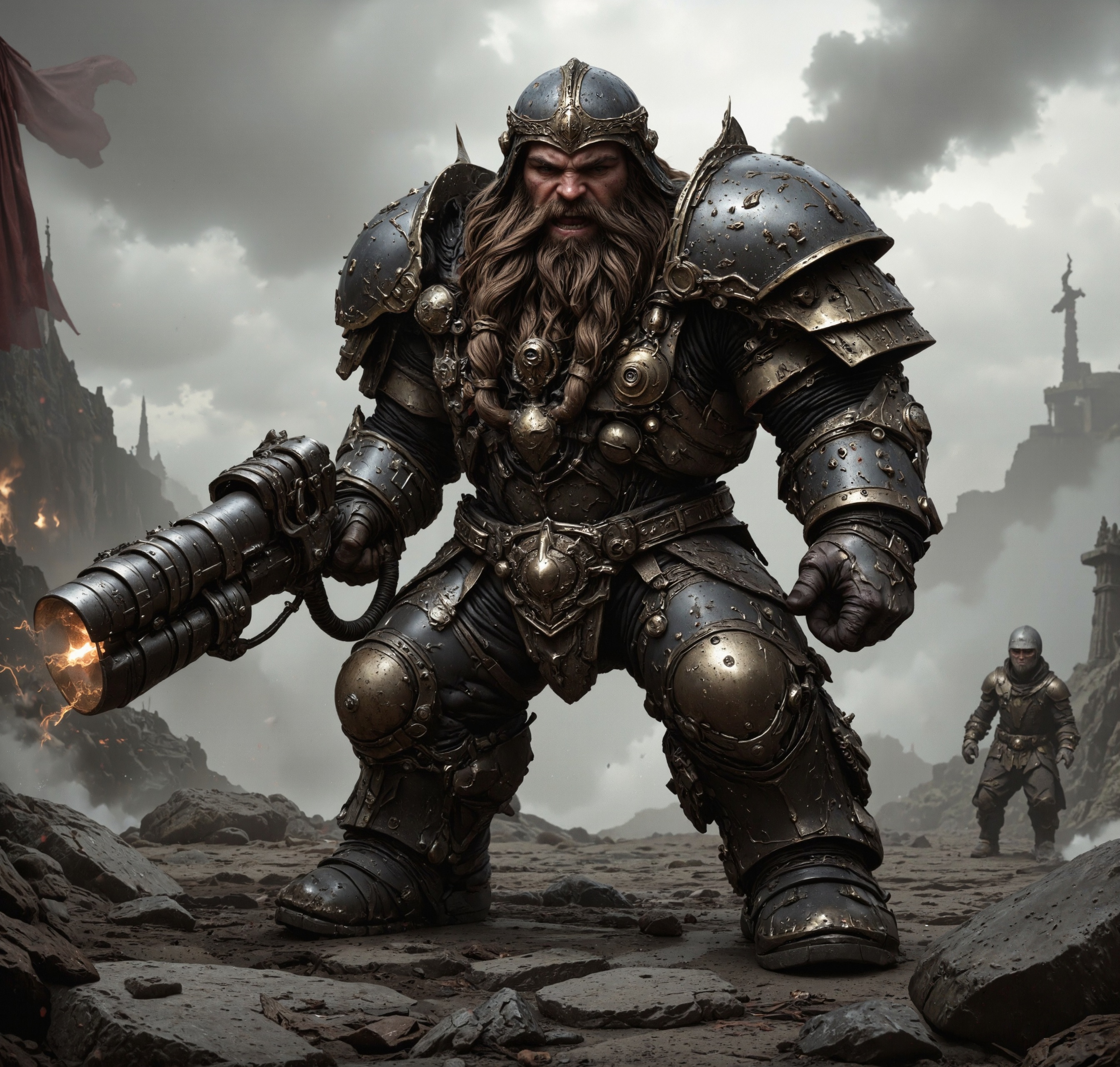 a very short fierce dwarven jibDwa@f,with a very angry expression on his face, in a Robot Mech suit that is standing on a street. fireing a wrist-mounted gun laser weapon , render of heavy fantasy armor, bastion game, highly detailed vfx portrait, muscular characters, fierce bearded dwarf, 3 dmax, large metal jaw, promotional render, giant guns, maximus jacobs, korean artist