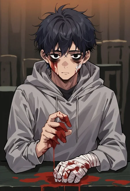 score_9, score_8_up, score_7_up, score_6_up, hllwn, halloween, vintage, source_anime, ((masterpiece, best quality, illustration)), solo, looking at viewer, short hair, black hair, long sleeves, 1boy, holding, jacket, upper body, grey hair, male focus, indoors, hood, black eyes, blood, hoodie, bandages, table, hood down, injury, blood on face, grey jacket, bags under eyes, blood on hands, grey hoodie