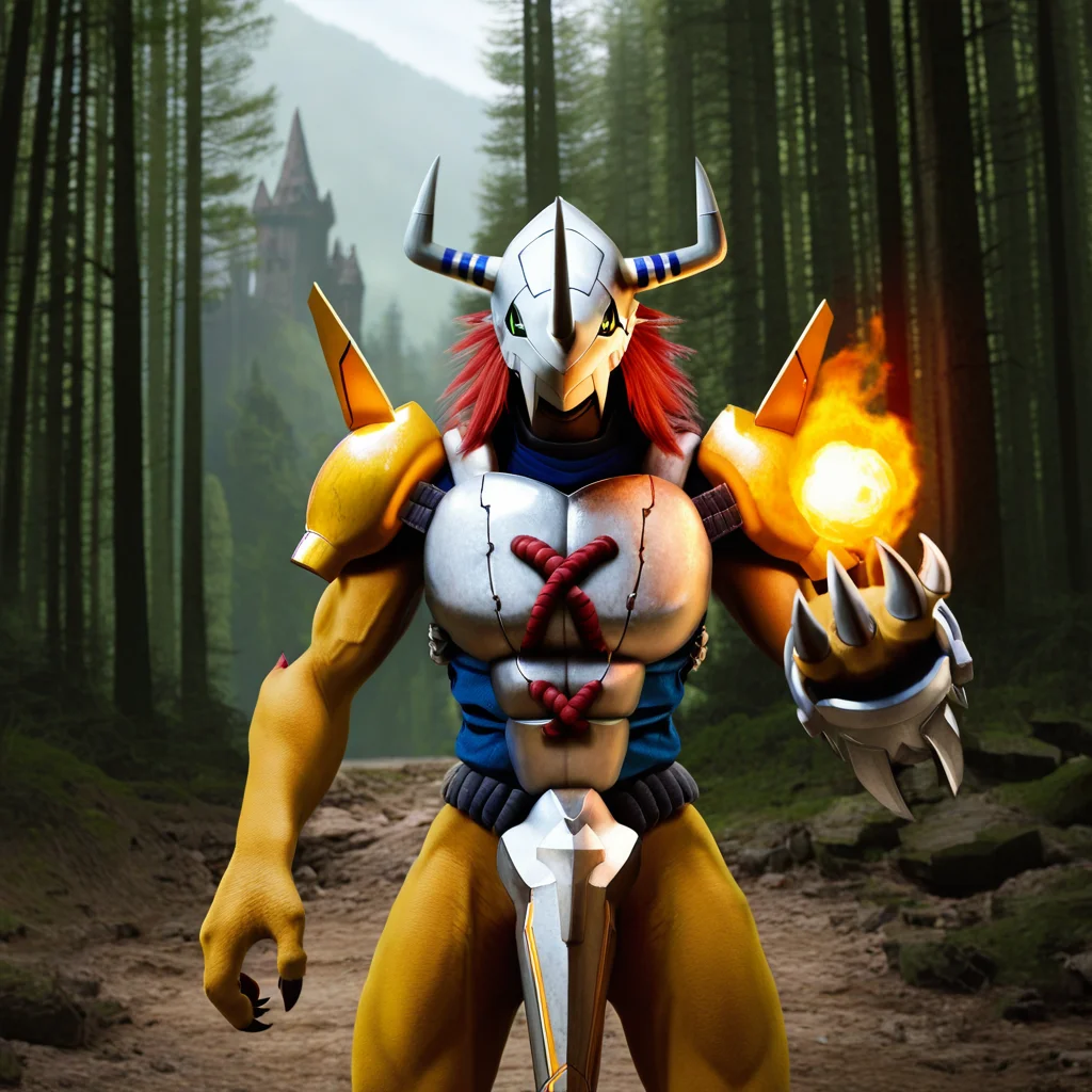 masterpiece, best quality, amazing quality, very aesthetic, high resolution, ultra-detailed, absurdres, scenery, photorealistic, Prompt, BREAK, depth of field, photorealistic details, volumetric lighting,source_photo,solo,no humans,digimon \(creature\), wargreymon, armor,codpiece,horns,helmet,red hair,yellow scales,reptile,gauntlests,claws,green eyes,holding fireball,fireball,cowboy shot,outdoors,castle,forest,trees,ruins, <lora:ReallustriousCaptionedv1:1>